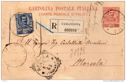 1905 CARTOLINA RACCOMANDATA CON ANNULLO CAMANDONA BIELLA - Interi Postali