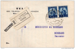 1946  CARTOLINA RACCOMANDATA CON ANNULLO BASSANO DEL GRAPPA - 1946-60: Marcophilia