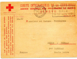 SUISSE..1941.  CARTE  CROIX-ROUGE 262 TER ..AGENCE PRISONNIERS DE GUERRE.C.I. C.R. VIA FRANCE - Covers & Documents