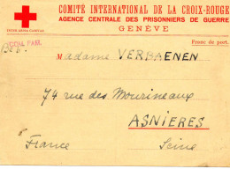 SUISSE..1940.  CARTE  CROIX-ROUGE 262 TER ..AGENCE PRISONNIERS DE GUERRE.C.I. C.R. VIA FRANCE - Covers & Documents