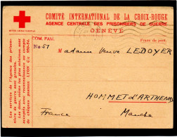 SUISSE..1940.  CARTE  CROIX-ROUGE 262 TER ..AGENCE PRISONNIERS DE GUERRE.C.I. C.R. VIA FRANCE - Storia Postale