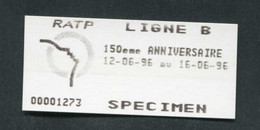 Rare Ticket "Specimen 150e Anniversaire De La Ligne B Du RER (Billet RATP Ligne De Sceaux) 12 Au 16 Juin 1996 - Europa
