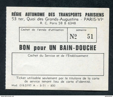 Jeton-papier De Nécessité - Ticket RATP "Bon Pour Un Bain-Douche" Métro De Paris - Années 70 - Sonstige & Ohne Zuordnung