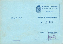 Ag795 Tessera Movimento Popolare Monarchico 1949-50 - Cartes De Membre