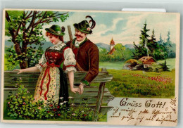 39867741 - Jaeger Frau Tracht Blumen Gruess Gott Lithographie - Jagd