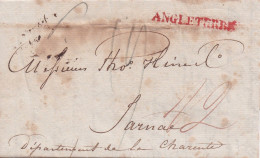 Pli De Londres Vers Jarnac  Griffe Angleterre 41x4 Rouge/orange Apposée Au Havre Indice 18 - 1801-1848: Precursors XIX