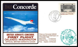0155 Concorde British Airways Orlando Washington 19/10/1982 Lettre Premier Vol First Flight Airmail Cover Luftpost - Concorde