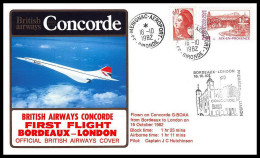 0154 Concorde British Airways London Bordeaux 16/10/1982 Lettre Premier Vol First Flight Airmail Cover Luftpost - Concorde