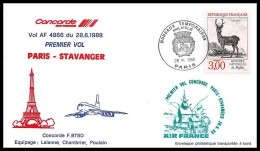 0090 Concorde Paris Stavanger 28/6/1988 Norvège (Norway) Lettre Premier Vol First Flight Airmail Cover Luftpost - Concorde