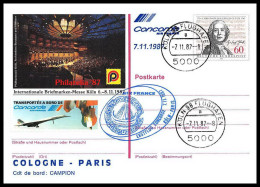 0087 Concorde Paris Cologne Allemagne (germany) 07/11/1987 Entier Postal Stationery Premier Vol First Flight Airmail - Concorde