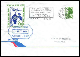 0068 Concorde Grève Des PTT Ajaccio Nice Corse 1988 Lettre Airmail Cover Luftpost - Concorde