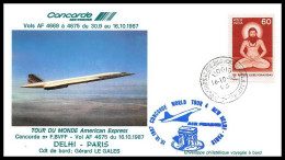 0032 Concorde Tour Du Monde 16/10/1987 New Delhi Paris Lettre Premier Vol First Flight Airmail Cover Luftpost - Concorde