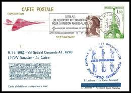 0038 Concorde Lyon Satolas Le Caire Egypte (Egypt UAR) 8/11/82 Entier Repiquage Stationery Vol Spécial Airmail Luftpost - Cartes Postales Repiquages (avant 1995)