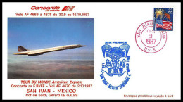 0030 Concorde Tour Du Monde Mexique (Mexico) San Juan Porto Rico 02/10/1987 Premier Vol First Flight Airmail Cover - Concorde