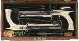 A FINE CONDITION CASED PAIR OF 50-BORE GERMAN SILVER - Decorative Weapons