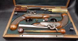 EXTRAORDINARY CASED PAIR OF UNIQUE FRANZ ULRICH PERCUSSION DUELING PISTOLS. - Decorative Weapons