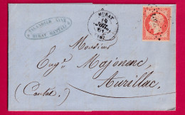 N°16 ORANGE VIF PC 2204 MURAT CANTAL POUR AURILLAC LETTRE - 1849-1876: Période Classique