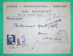N°718 + 726 MARIANNE DE GANDON RECOMMANDE PROVISOIRE REIMS MARNE PUB ENTETE CYCLES MOTOCYCLETTES SIDECARS 1947 FRANCE - 1945-54 Marianne De Gandon