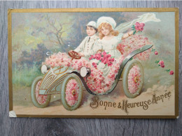 BONNE ET HEUREUSE ANNEE VOITURE ENFANTS FLEURS MARIAGE GAUFFREE - 10154 - Neujahr