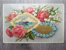 FANTAISIE NE M'OUVLIEZ PAS PAYSAGE BATEAU FLEURS ROSE MUGUETS GAUFFREE - 10167 - Sonstige & Ohne Zuordnung