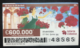 118 B, 1 X Lottery Ticket, Portugal, « 50 Anos Do 25 De Abril », « Flowers », « Cravos » , « Carnations Flowers », 2024 - Billets De Loterie