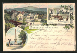 Lithographie Burgberg /Harzburg, Hotel Mit Brocken, Wildfütterung Im Winter  - Bad Harzburg