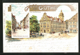 Lithographie Gotha, Marktstrasse V. Neumarkt, Neues Rathaus  - Gotha