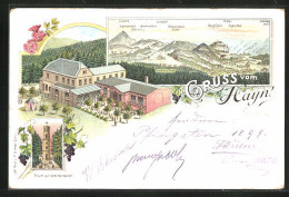 Lithographie Oybin, Gasthaus Forsthaus Hayn, Bergpanorama  - Jagd