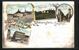 Lithographie Hohenstein Ernstthal, Hotel Drei Schwanen, Eingang Z. Bad, Marktplatz  - Hohenstein-Ernstthal