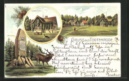 Lithographie Totenrode, Jagdschloss, Gedenkstein Mit Hirsch, Panorama  - Jagd