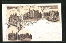 Lithographie Aschersleben, Catharinen-Hospital, Stephani Kirche, Burgruine Ascania  - Aschersleben