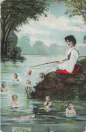 P8- Fantaisies - BEBES - Jolie Carte Fantaisie Femme Avec Canne à Pêche Et Bébés MULTIPLES - Babies