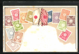 Künstler-AK Japan, Briefmarken Und Flaggen  - Timbres (représentations)