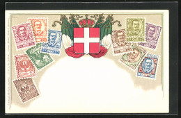 Lithographie Italien, Briefmarken Und Wappen Mit Fahnen  - Timbres (représentations)