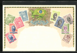 Lithographie Brazil, Briefmarken Und Flagge  - Timbres (représentations)