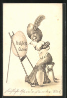 AK Frau In Schulterfreiem Kleid Beim Bemalen Eines Ostereis  - Ostern