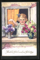 AK Kleines Mädchen Am Fenster Zeigt Auf Blumen, Geburtstagsgruss  - Geburtstag
