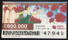 118 B, 1 X Lottery Ticket, Portugal, « 50 Anos Do 25 De Abril », « Flowers », « Cravos » , « Carnations Flowers », 2024 - Billets De Loterie