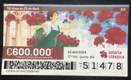 118 B, 1 X Lottery Ticket, Portugal, « 50 Anos Do 25 De Abril », « Flowers », « Cravos » , « Carnations Flowers », 2024 - Billets De Loterie