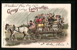Lithographie Gruss Von Der Landpartie, Mann Mit Pferdegespann Fährt Durch Den Regen  - Chevaux