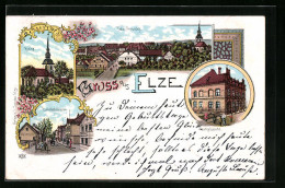 Lithographie Elze, Postgebäude, Kirche, Bahnhofstrasse  - Autres & Non Classés