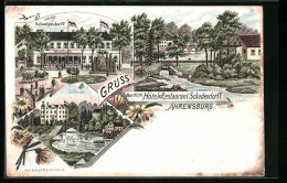 Lithographie Ahrensburg, Hôtel & Restaurant Schadendorff, Schloss, Ortspartie  - Ahrensburg