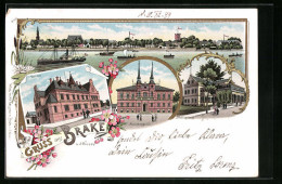Lithographie Brake, A. D. Weser, Gasthaus Schützenhaus, Amt & Amtsgericht, Post-Amt  - Brake
