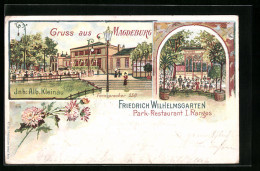 Lithographie Magdeburg, Park-Restaurant Friedrich Wilhelmsgarten, Mehrfachansicht  - Magdeburg