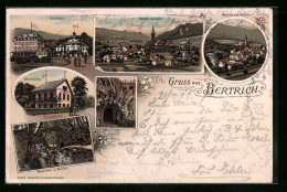 Lithographie Bertrich, Restaurant Elfenmühle, Kurhaus, Käsekrotte Und Brücke  - Bad Bertrich