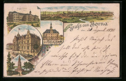 Lithographie Borna, Bürger-Schule, Reichs-Post, Rathaus  - Borna