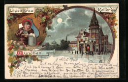 Lithographie München, Gasthaus Löwenbräu-Keller Bei Mondschein, Münchner Kindl Mit Bierkrug  - Sonstige & Ohne Zuordnung