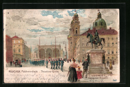 Lithographie München, Feldherrn-Halle U. Theatiner-Kirche Mit Denkmal Ludwig I. Von Bayern Und Soldaten  - München