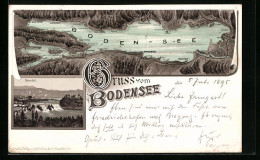 Vorläufer-Lithographie Konstanz /Bodensee, 1895, Rheinfall, Panorama Mit Rorschach, Ludwigshafen Und Hagnau  - Konstanz