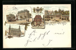 Lithographie Aachen, Kaiserplatz, Elisenbrunnen, Ponttor Und Rathaus  - Aachen